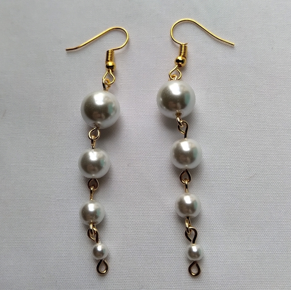 White Glass Faux Pearl Descending Four Tier Dangle Hook Linear Earrings Handmade - Picture 6 of 10